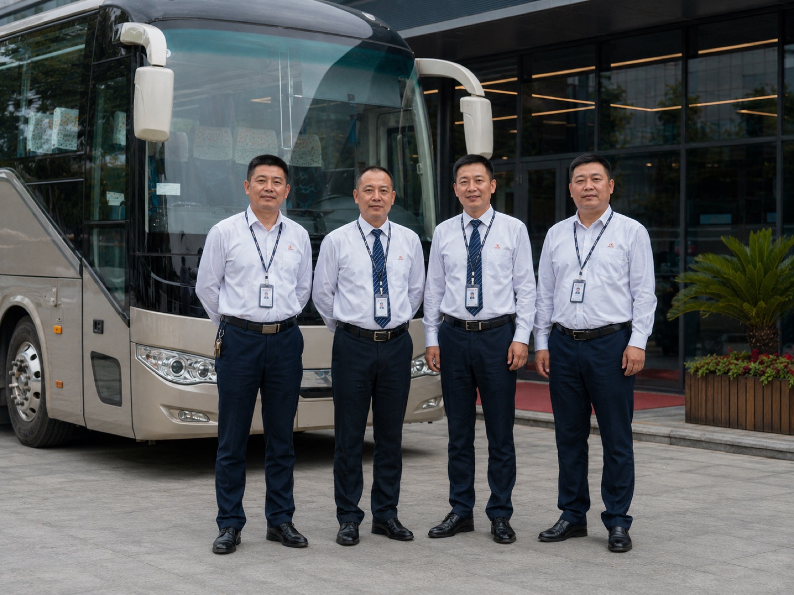 福瑞客运驾驶员与管理团队在营运客车前合影